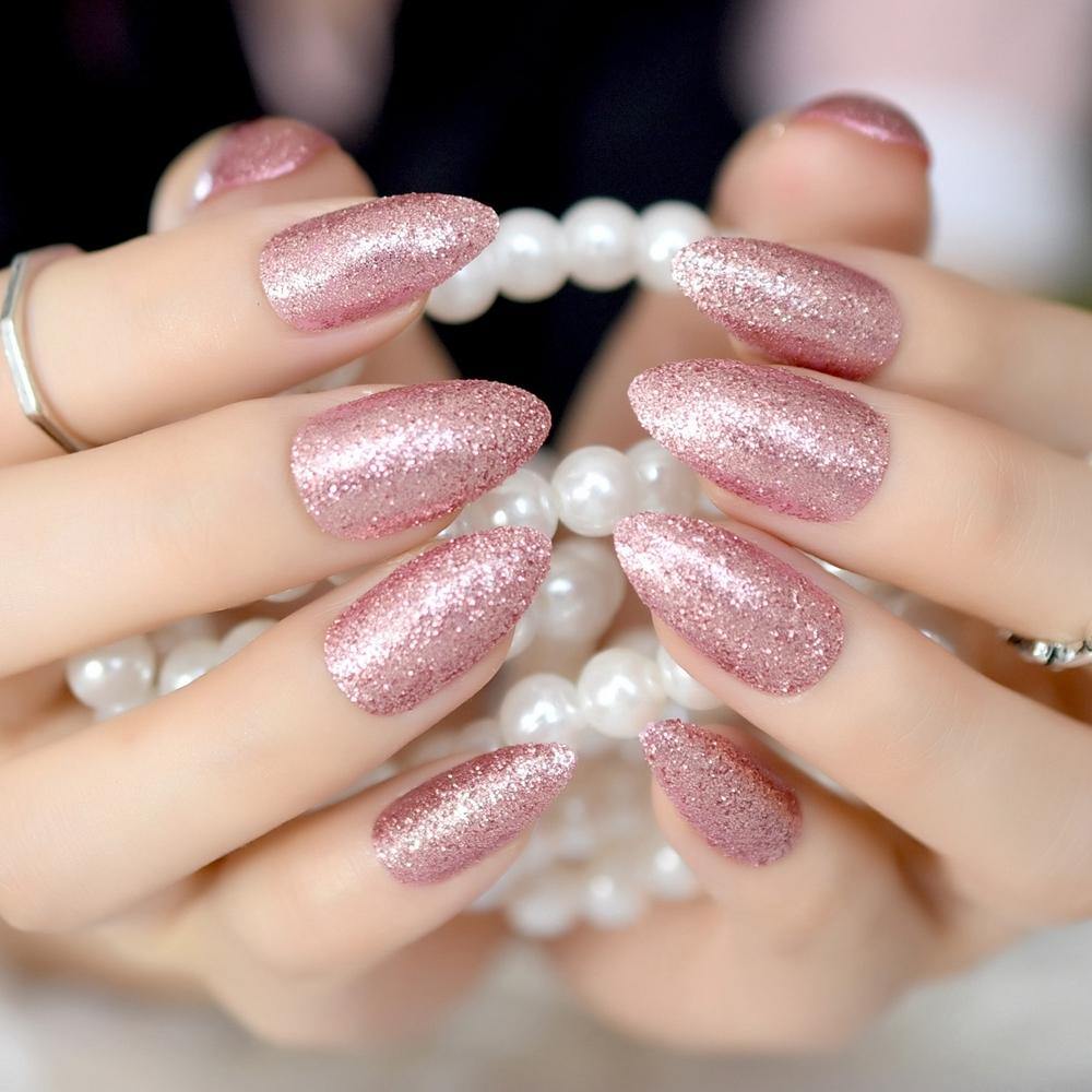 Rose Gold Glitter Stiletto Nails – She's A Beat Beauty