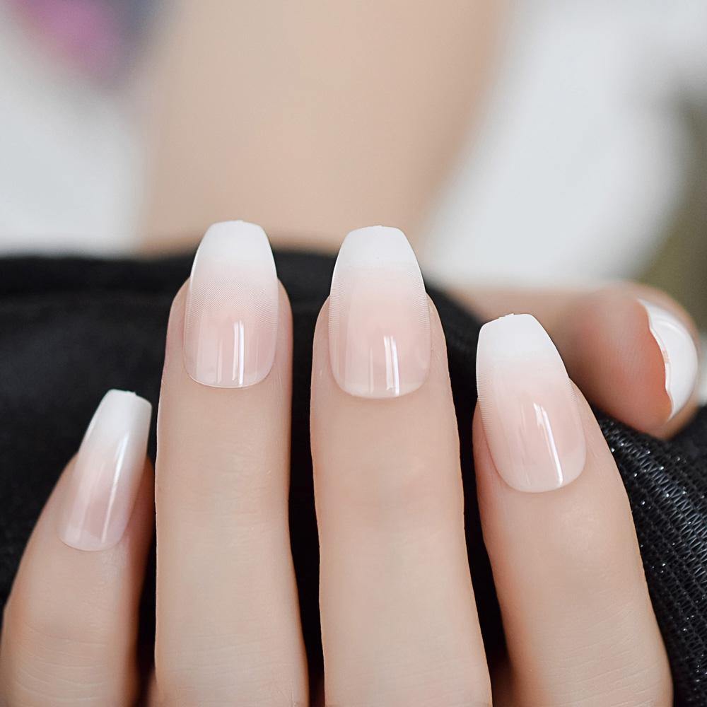 White Nude French Ombre Long Coffin Press On Nails Fake False 24Pc Nail Set  Pink | eBay